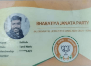 BJP party ID card shown my suspect S. Satish proving his allegiance with BJP party