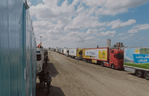 Column of aid-trucks at newly opened Gaza border crossing