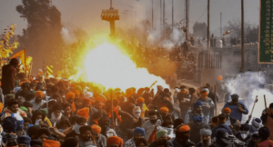 A tear gas explosion during "Delhi Chalo" protests