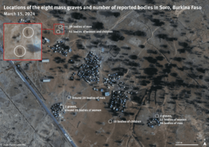 Satellite imagery captured on March 15 shows the mass graves in Nondin and Soro