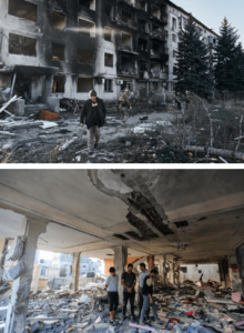 A comparison of destruction in Ukraine (above) and Gaza (below). AP